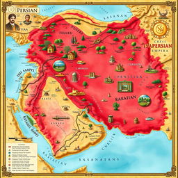 A detailed and artistic map of the Great Persian Empire, showcasing the full extent of the Sasanian territory including lost regions
