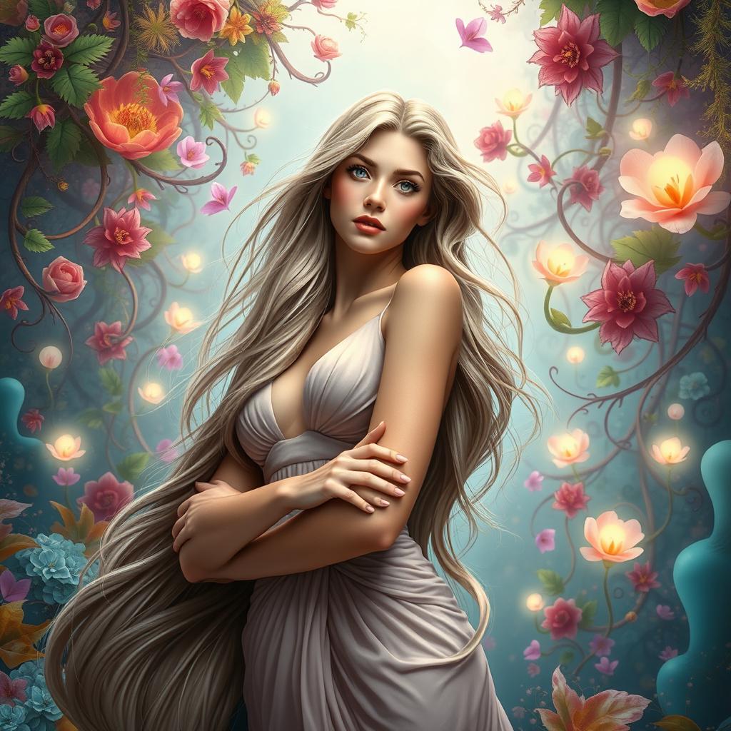 A young woman with long flowing hair, elegant features, and a confident demeanor, standing in a surreal fantasy landscape filled with vibrant colors and whimsical elements