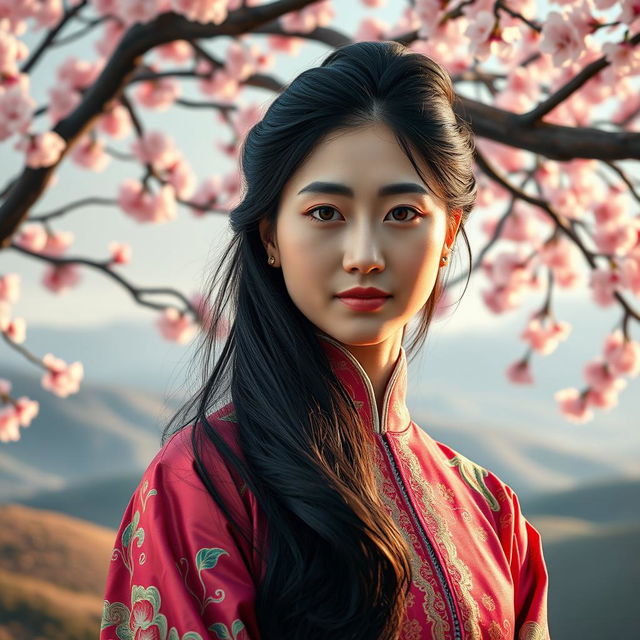 A portrait of a Chinese individual with distinct facial features, showcasing a vibrant traditional Chinese outfit with intricate patterns and embroidery