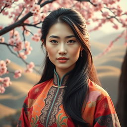 A portrait of a Chinese individual with distinct facial features, showcasing a vibrant traditional Chinese outfit with intricate patterns and embroidery