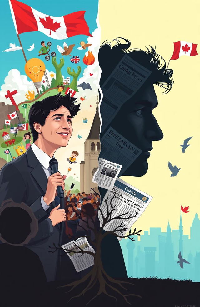 A dynamic illustration capturing the political journey of Justin Trudeau, featuring a split scene to represent the rise and fall of his career