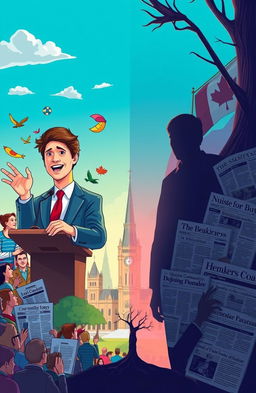 A dynamic illustration capturing the political journey of Justin Trudeau, featuring a split scene to represent the rise and fall of his career
