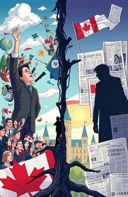 A dynamic illustration capturing the political journey of Justin Trudeau, featuring a split scene to represent the rise and fall of his career