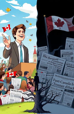 A dynamic illustration capturing the political journey of Justin Trudeau, featuring a split scene to represent the rise and fall of his career