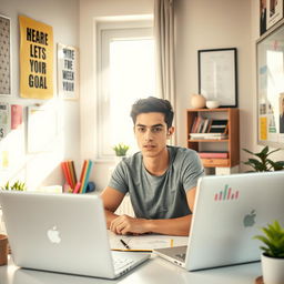 A person focused on achieving their goals, sitting at a desk in a well-organized workspace