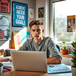 A person focused on achieving their goals, sitting at a desk in a well-organized workspace