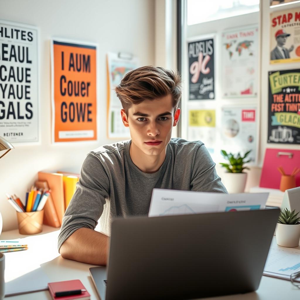 A person focused on achieving their goals, sitting at a desk in a well-organized workspace