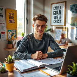 A person focused on achieving their goals, sitting at a desk in a well-organized workspace