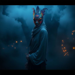 A creative concept for an image depicting a person with a hidden face, wearing a dramatic mask that is intricately designed with colorful patterns