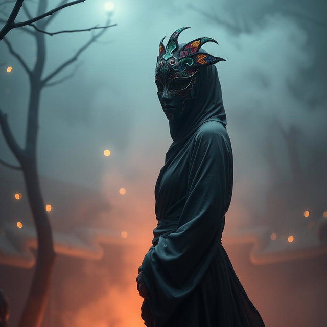 A creative concept for an image depicting a person with a hidden face, wearing a dramatic mask that is intricately designed with colorful patterns