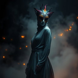 A creative concept for an image depicting a person with a hidden face, wearing a dramatic mask that is intricately designed with colorful patterns