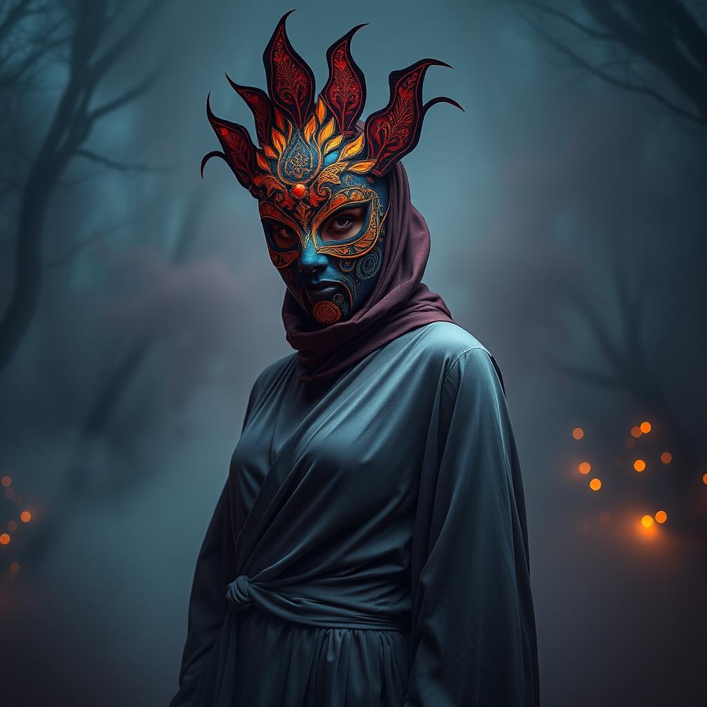 A creative concept for an image depicting a person with a hidden face, wearing a dramatic mask that is intricately designed with colorful patterns