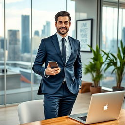 A successful business person, confidently standing in a modern office with glass walls showing a vibrant city skyline in the background