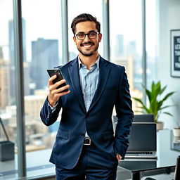 A successful business person, confidently standing in a modern office with glass walls showing a vibrant city skyline in the background