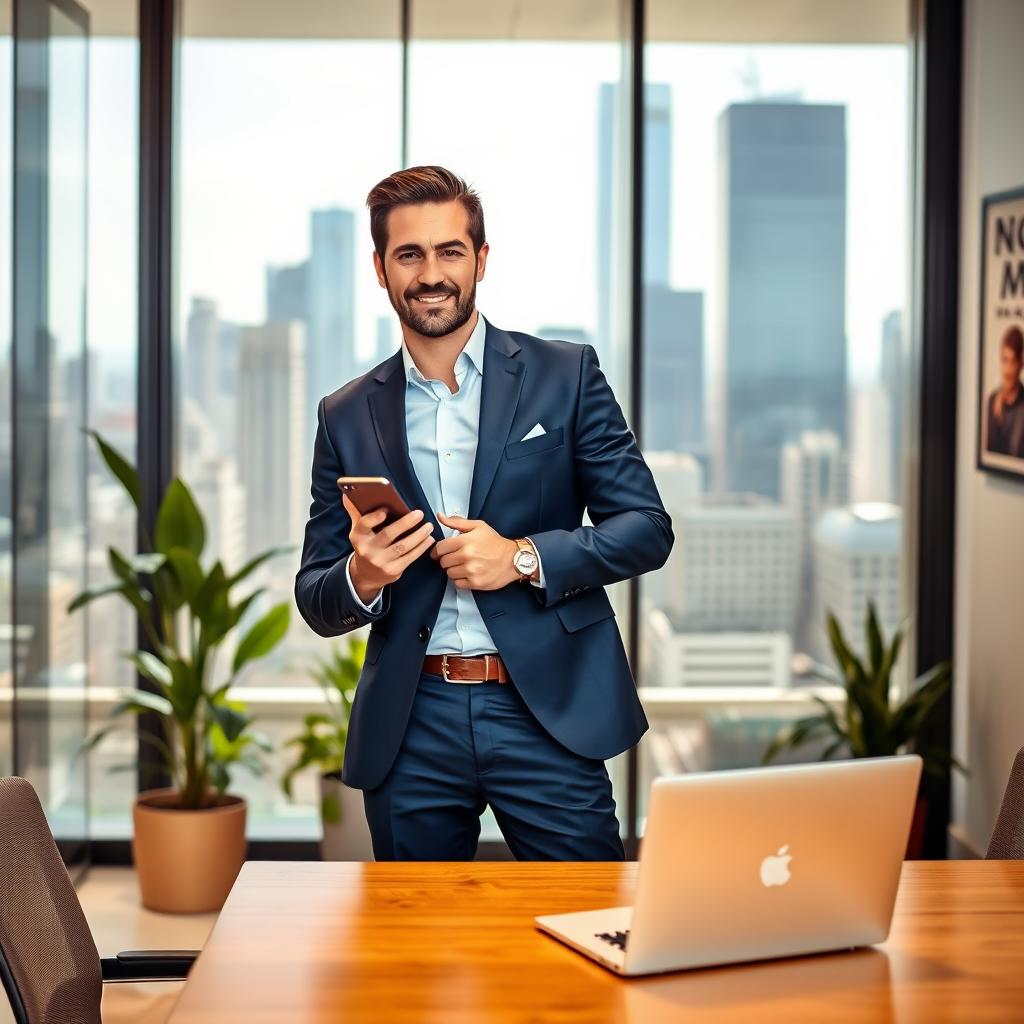 A successful business person, confidently standing in a modern office with glass walls showing a vibrant city skyline in the background