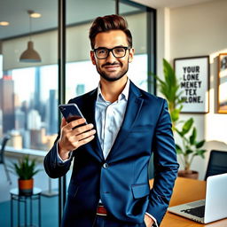 A successful business person, confidently standing in a modern office with glass walls showing a vibrant city skyline in the background