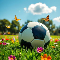 A colorful and vibrant soccer ball resting on a lush green grass field under a clear blue sky, surrounded by colorful flowers and butterflies fluttering around
