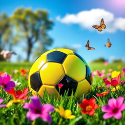 A colorful and vibrant soccer ball resting on a lush green grass field under a clear blue sky, surrounded by colorful flowers and butterflies fluttering around