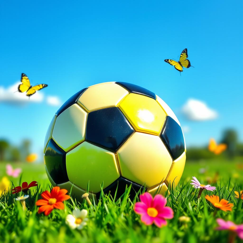A colorful and vibrant soccer ball resting on a lush green grass field under a clear blue sky, surrounded by colorful flowers and butterflies fluttering around