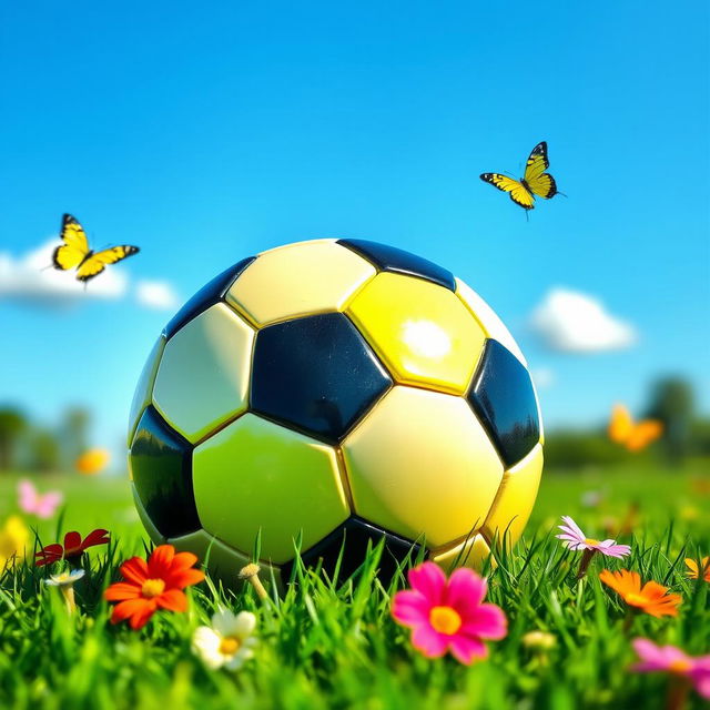 A colorful and vibrant soccer ball resting on a lush green grass field under a clear blue sky, surrounded by colorful flowers and butterflies fluttering around