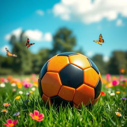 A colorful and vibrant soccer ball resting on a lush green grass field under a clear blue sky, surrounded by colorful flowers and butterflies fluttering around