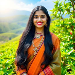 A beautiful Assamese girl with long black hair, dressed in a traditional handloom Mekhela Chador, standing gracefully in a lush green tea garden, adorned with intricate Assamese jewelry