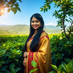 A beautiful Assamese girl with long black hair, dressed in a traditional handloom Mekhela Chador, standing gracefully in a lush green tea garden, adorned with intricate Assamese jewelry