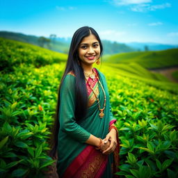A beautiful Assamese girl with long black hair, dressed in a traditional handloom Mekhela Chador, standing gracefully in a lush green tea garden, adorned with intricate Assamese jewelry