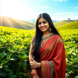 A beautiful Assamese girl with long black hair, dressed in a traditional handloom Mekhela Chador, standing gracefully in a lush green tea garden, adorned with intricate Assamese jewelry