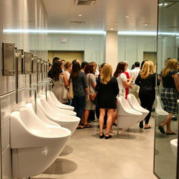 A busy women's restroom featuring modern straddle-type urinals with flushometers mounted on the wall, surrounded by stylish decor