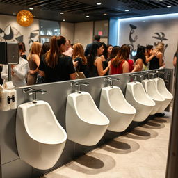 A busy women's restroom featuring modern straddle-type urinals with flushometers mounted on the wall, surrounded by stylish decor