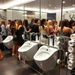 A busy women's restroom featuring modern straddle-type urinals with flushometers mounted on the wall, surrounded by stylish decor