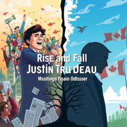 A dynamic illustration capturing the political journey of Justin Trudeau, featuring a split scene to represent the rise and fall of his career