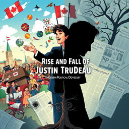 A dynamic illustration capturing the political journey of Justin Trudeau, featuring a split scene to represent the rise and fall of his career