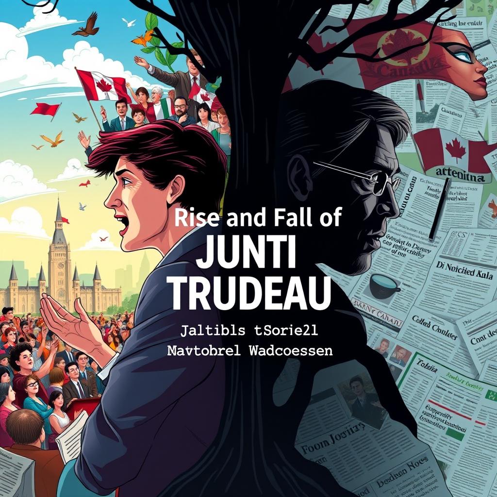 A dynamic illustration capturing the political journey of Justin Trudeau, featuring a split scene to represent the rise and fall of his career