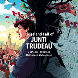 A dynamic illustration capturing the political journey of Justin Trudeau, featuring a split scene to represent the rise and fall of his career