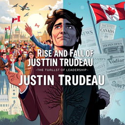 A dynamic illustration capturing the political journey of Justin Trudeau, featuring a split scene to represent the rise and fall of his career