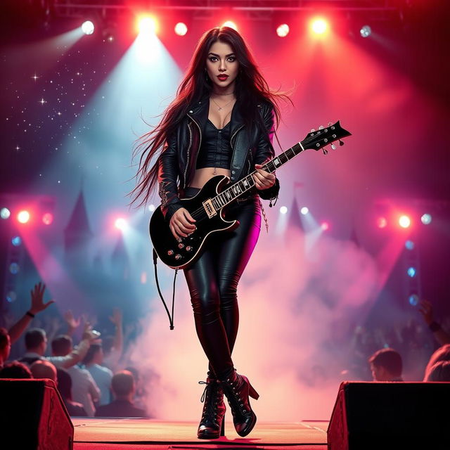 A striking Latina rockstar vampire with glowing red eyes and long, flowing black hair, dressed in a leather jacket adorned with spikes, tight black jeans, and high-heeled boots