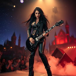 A striking Latina rockstar vampire with glowing red eyes and long, flowing black hair, dressed in a leather jacket adorned with spikes, tight black jeans, and high-heeled boots