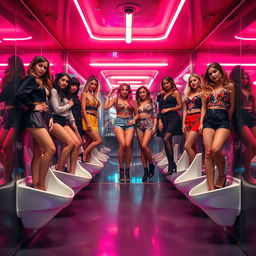A retro-futuristic scene featuring women in stylish outfits standing over narrow straddle urinals