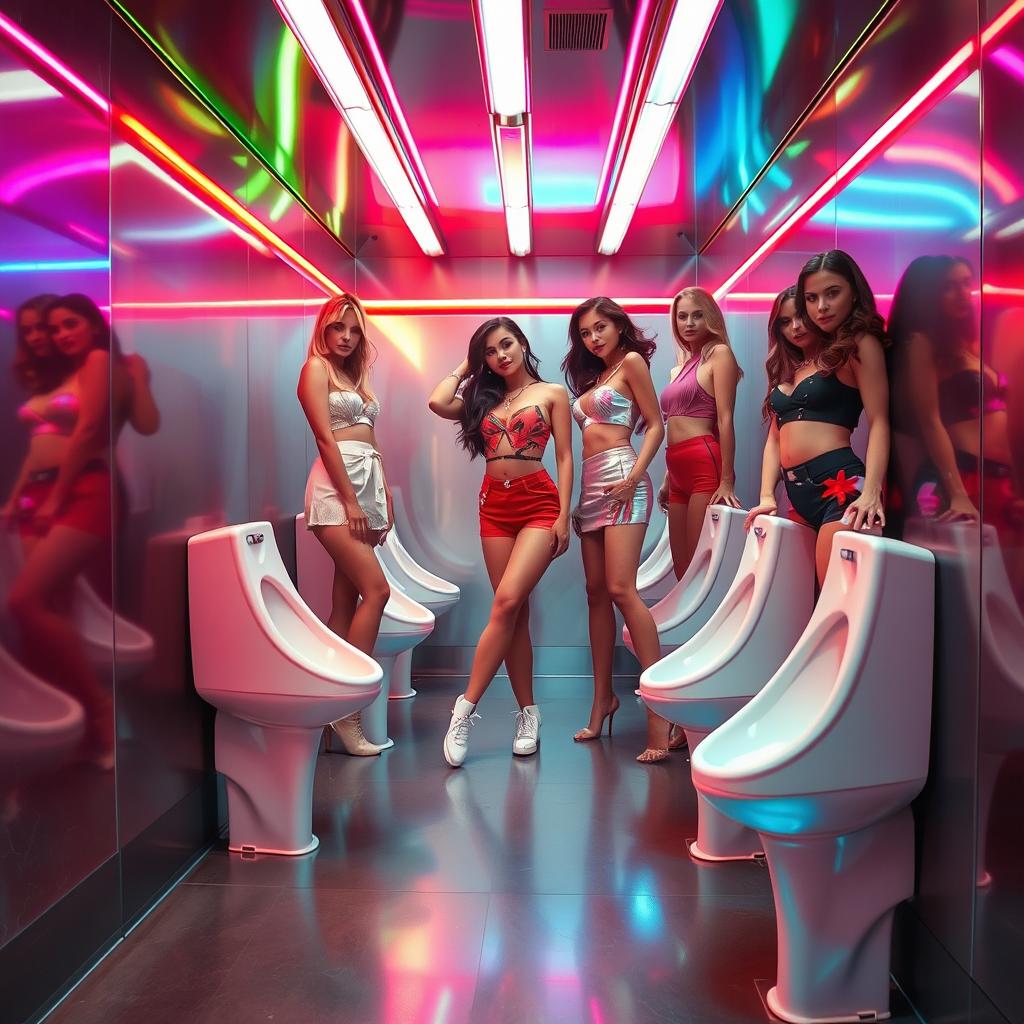 A retro-futuristic scene featuring women in stylish outfits standing over narrow straddle urinals