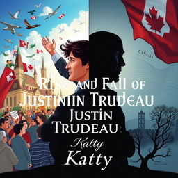A dynamic illustration capturing the political journey of Justin Trudeau, featuring a split scene to represent the rise and fall of his career