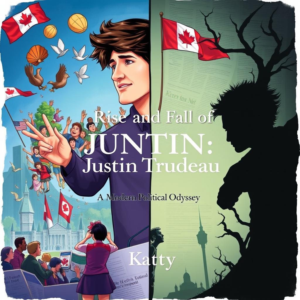 A dynamic illustration capturing the political journey of Justin Trudeau, featuring a split scene to represent the rise and fall of his career