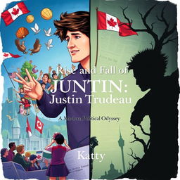 A dynamic illustration capturing the political journey of Justin Trudeau, featuring a split scene to represent the rise and fall of his career