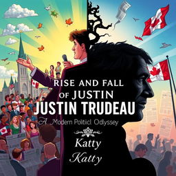A dynamic illustration capturing the political journey of Justin Trudeau, featuring a split scene to represent the rise and fall of his career