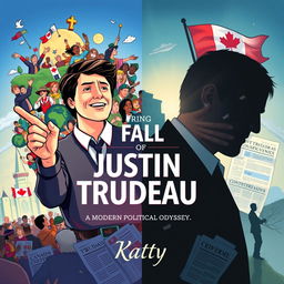 A dynamic illustration capturing the political journey of Justin Trudeau, featuring a split scene to represent the rise and fall of his career