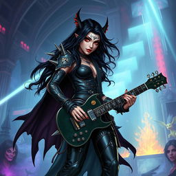 In a Dungeons & Dragons art style, a captivating Latina rockstar vampire with long, cascading black hair and piercing red eyes