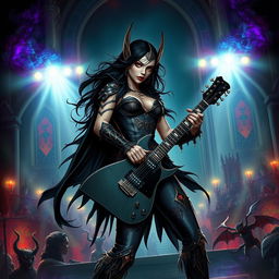 In a Dungeons & Dragons art style, a captivating Latina rockstar vampire with long, cascading black hair and piercing red eyes