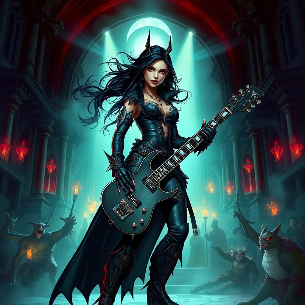 In a Dungeons & Dragons art style, a captivating Latina rockstar vampire with long, cascading black hair and piercing red eyes