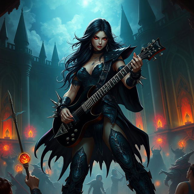 In a Dungeons & Dragons art style, a captivating Latina rockstar vampire with long, cascading black hair and piercing red eyes